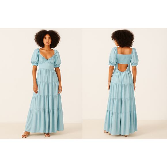 Farm Rio Puff Sleeve Maxi Dress Backless Cut Out Blue Prairie Large - Picture 1 of 10